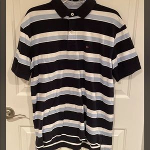 Tommy Hilfiger Mens Sz L Blue Striped Polo Short Sleeve Shirt GUC B51